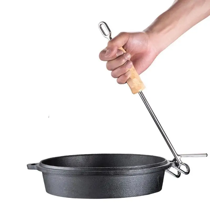 652F Oven Lid Lifter Stainless Steel Double Hook Oven Lid Wooden Handle Lifter Tool Anti-rust Lifter for Camping Hiking