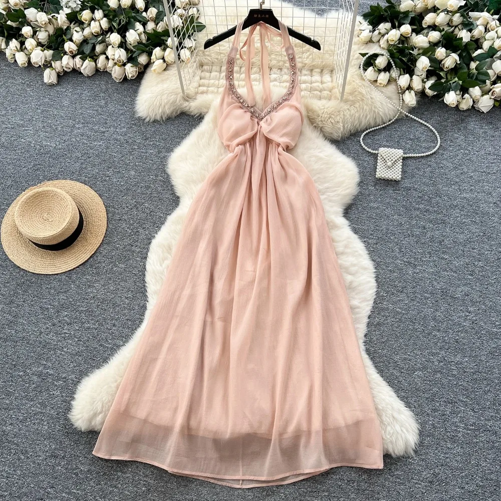 Sexy Neckholder ärmellos Strass Vintage koreanische Mode Abend A-Linie Kleid Zeremonie Kleider Damenbekleidung