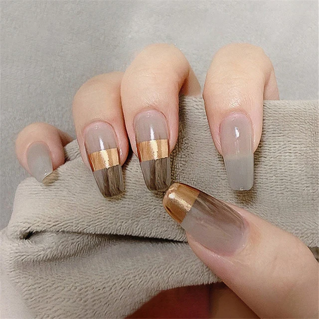 24Pcs Medium Coffin Press on Nails Simple Ballet False Nails Glitter Diamond Stick on Nails French Ombre Solid Color Nail Art