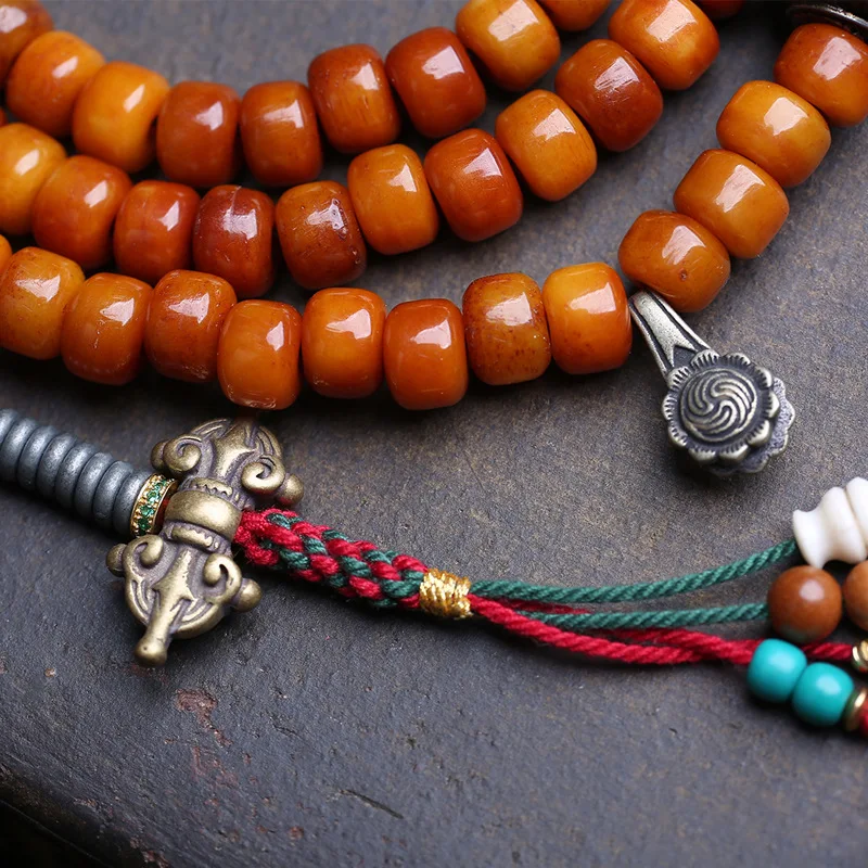 Yak bone barrel 108-piece Buddhist prayer beads with tassel side hanging and phoenix-eye Bodhi three-way connector accesso