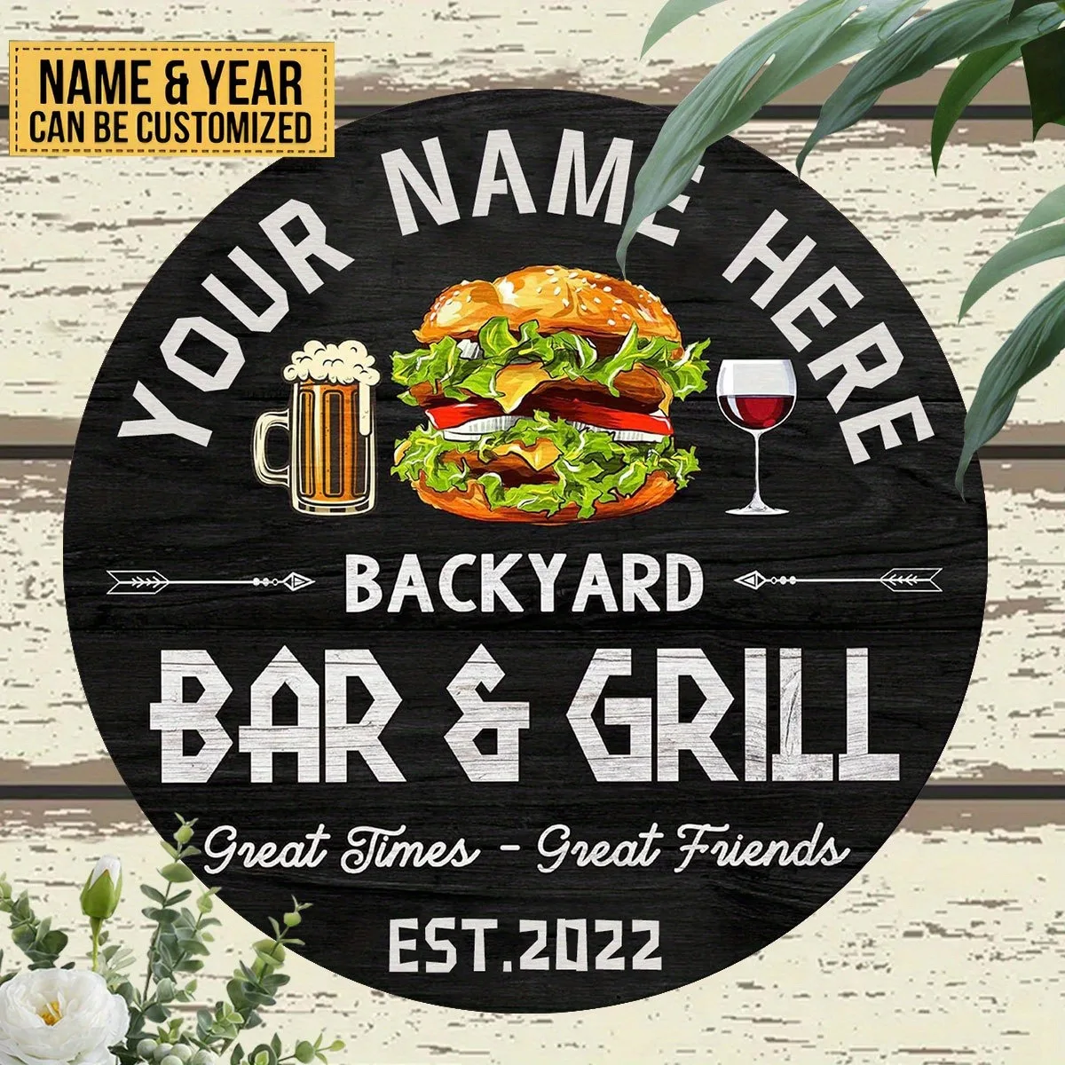 [2D Flat] Burger Wine Beer Custom Name Bar Grill Sign Weatherproof Black Wood Backyard Patio BBQ Wall Gift (Only Decoration)