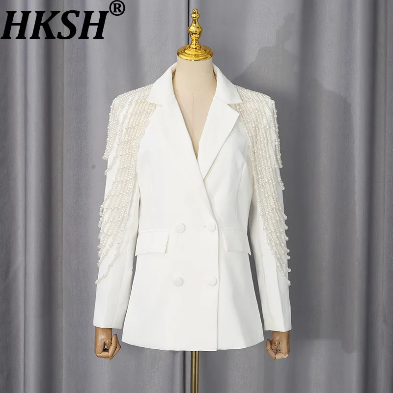 HKSH Women's Blazer Elegant Fashion Beaded Patchwork Design Solid Color Double Breasted Slim Fit Suit-Coat Spring Autumn HK28159