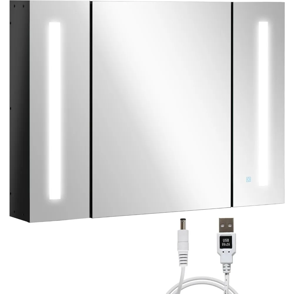 

Wall Mounted Mirror Cabinet, LED Lighted Medicine Cabinet with 3 Doors, Adjustable Shelves, Memory Function