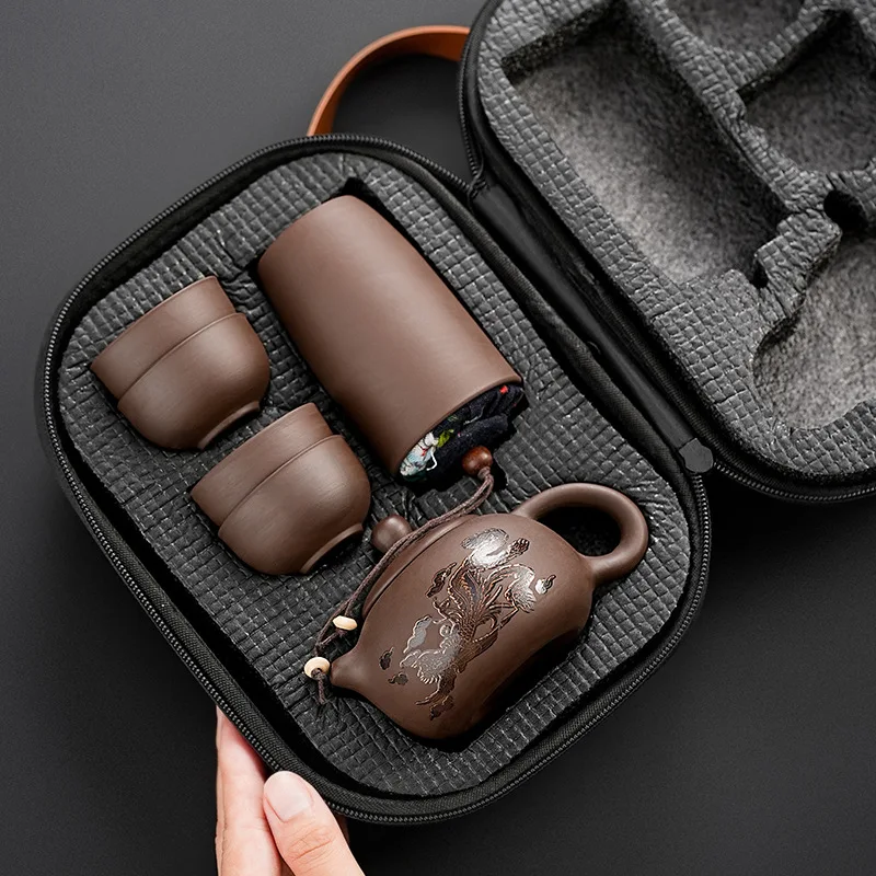 Purple Sand Travel Tea Set One Pot Four Cups Portable Storage Quick Cup Kung Fu Tea Small Gift  Outdoor Teaware