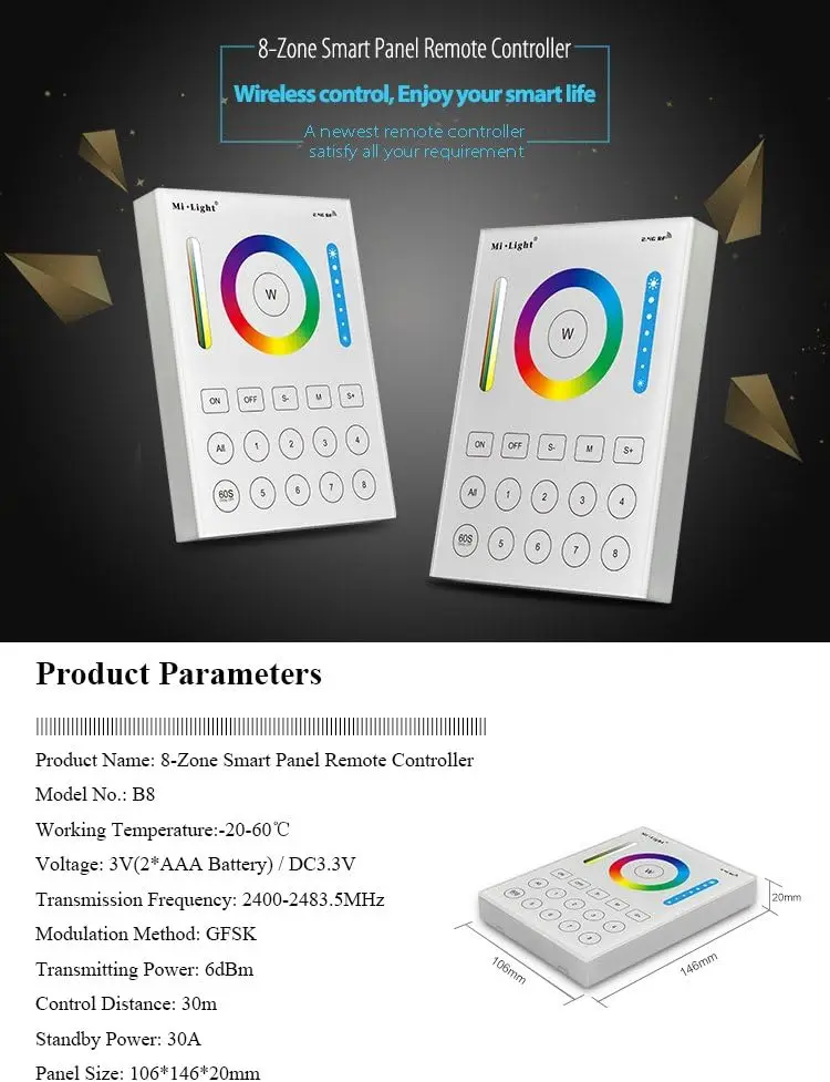 Imagem -02 - Miboxer-controlador de Parede Led Strip Wi-fi Zones Rgbcct Painel de Toque b8 Wl5 2.4g em 1