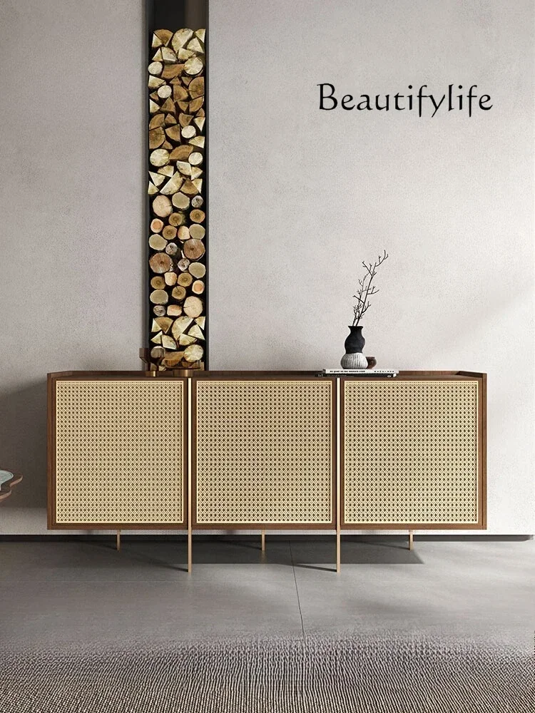 

T10 Medieval Style Entrance Walnut Side Cabinet Retro Rattan Decorative Cabinet Entrance Foyer Against The Wall Side Cabinet