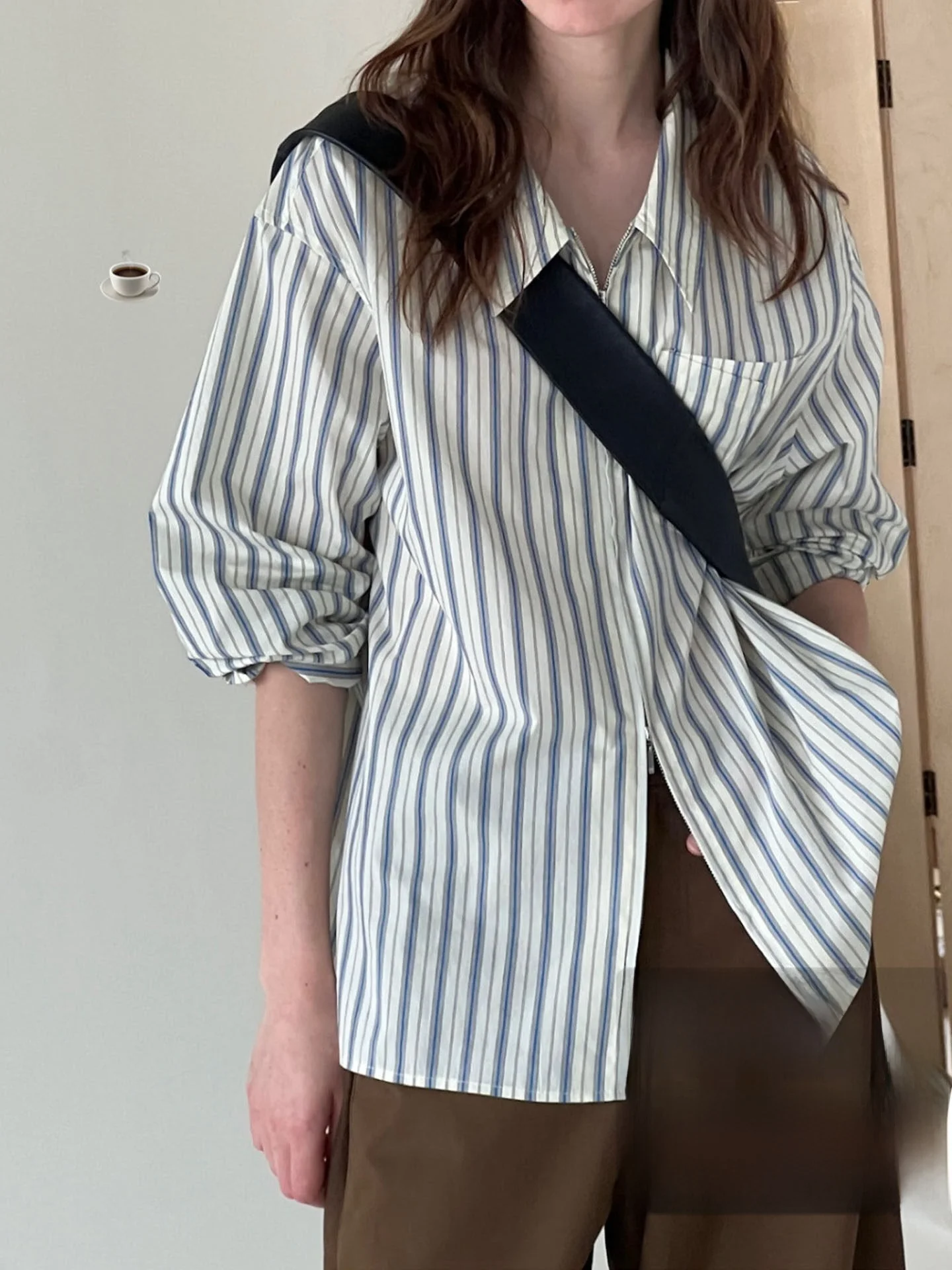 

Slimming Effect Color Woven Stripe Zipper Double Opening Retro ket Women's irt Casual Busin Sle Cotton Blend Long S...