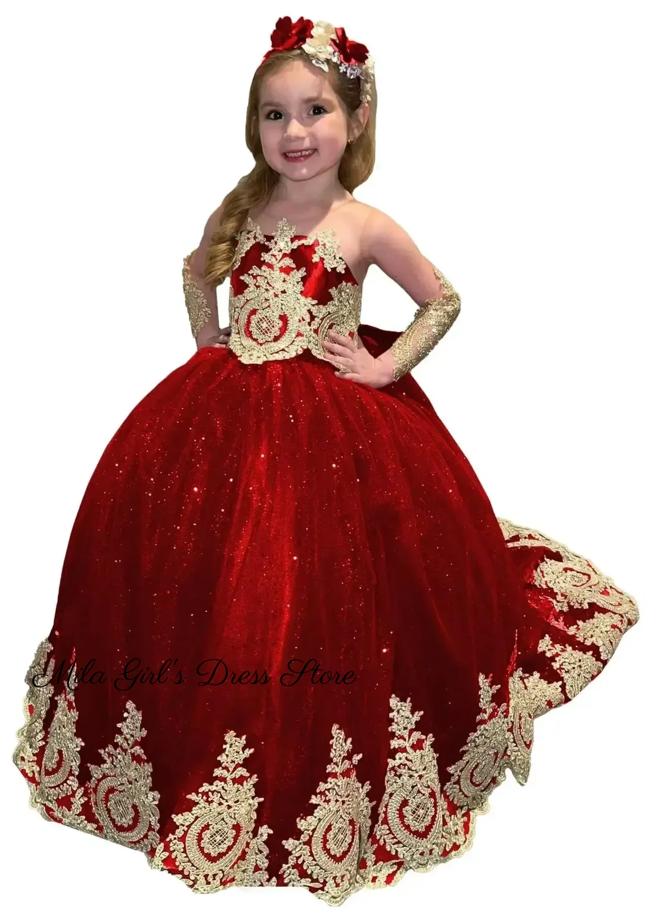 Red Flower Girl Dress For Wedding Tulle Lace Gold Applique Custom Princess Ball Gown First Eucharistic Birthday Party Dress