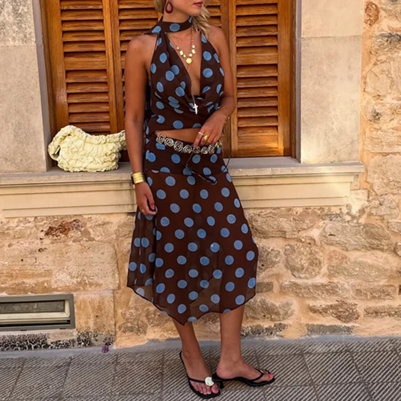 

Polka Dot Coquette Deep V Neck Halter Crop Tops Backless Camis + A-lin Skirt Women Vacation 2 Piece Skirt Set Matching Outfits