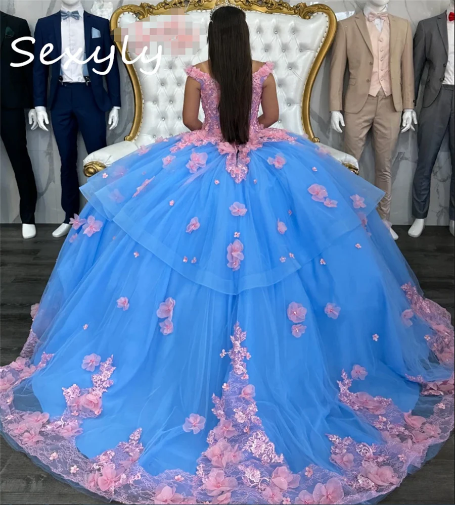 Robe personnalisée Charro Quinceanera avec fleurs roses, robe de Rh, dentelle douce d'anniversaire, pelucheuse, Xv Blue, 15 robes éducatives