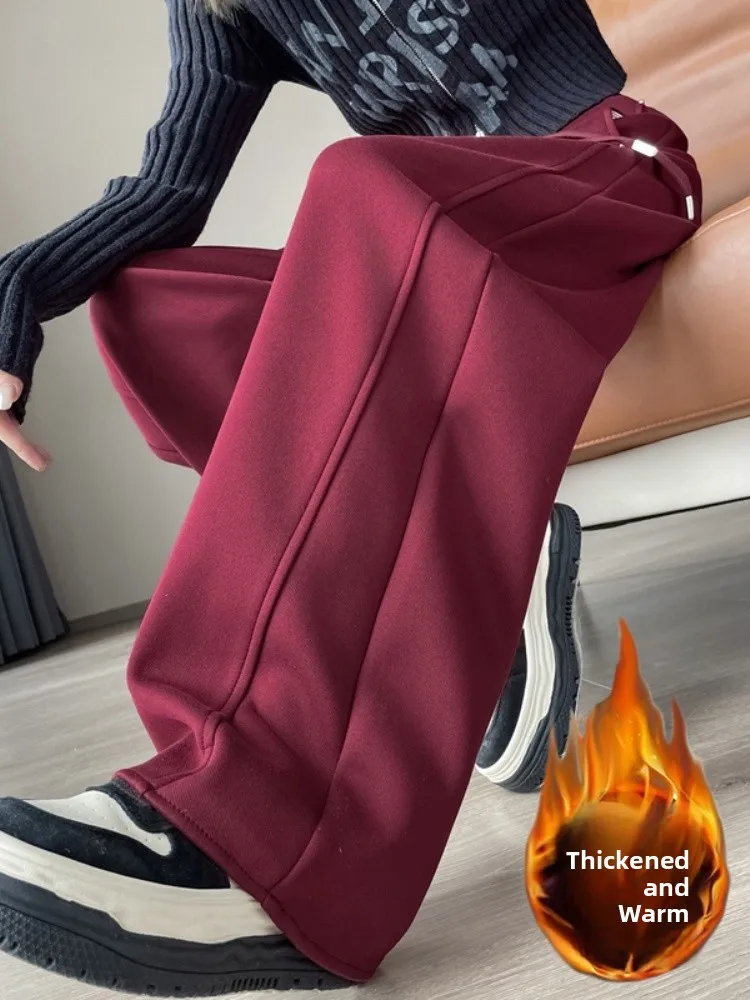 ラムベルベット レディース 冬 ストレートレッグ ワイドレッグパンツ 裏起毛 アウター コットンパンツ ブラック スリムフィット バナナパンツ