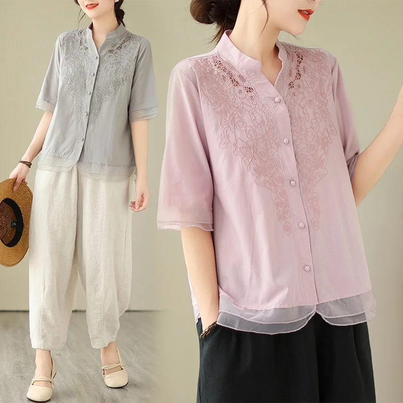

Retro Double Stitched Cotton Polyester Embroidered Shirt OEgen Soft Sleeve Top Women's Casual Loose Fit Five Button Cardigan