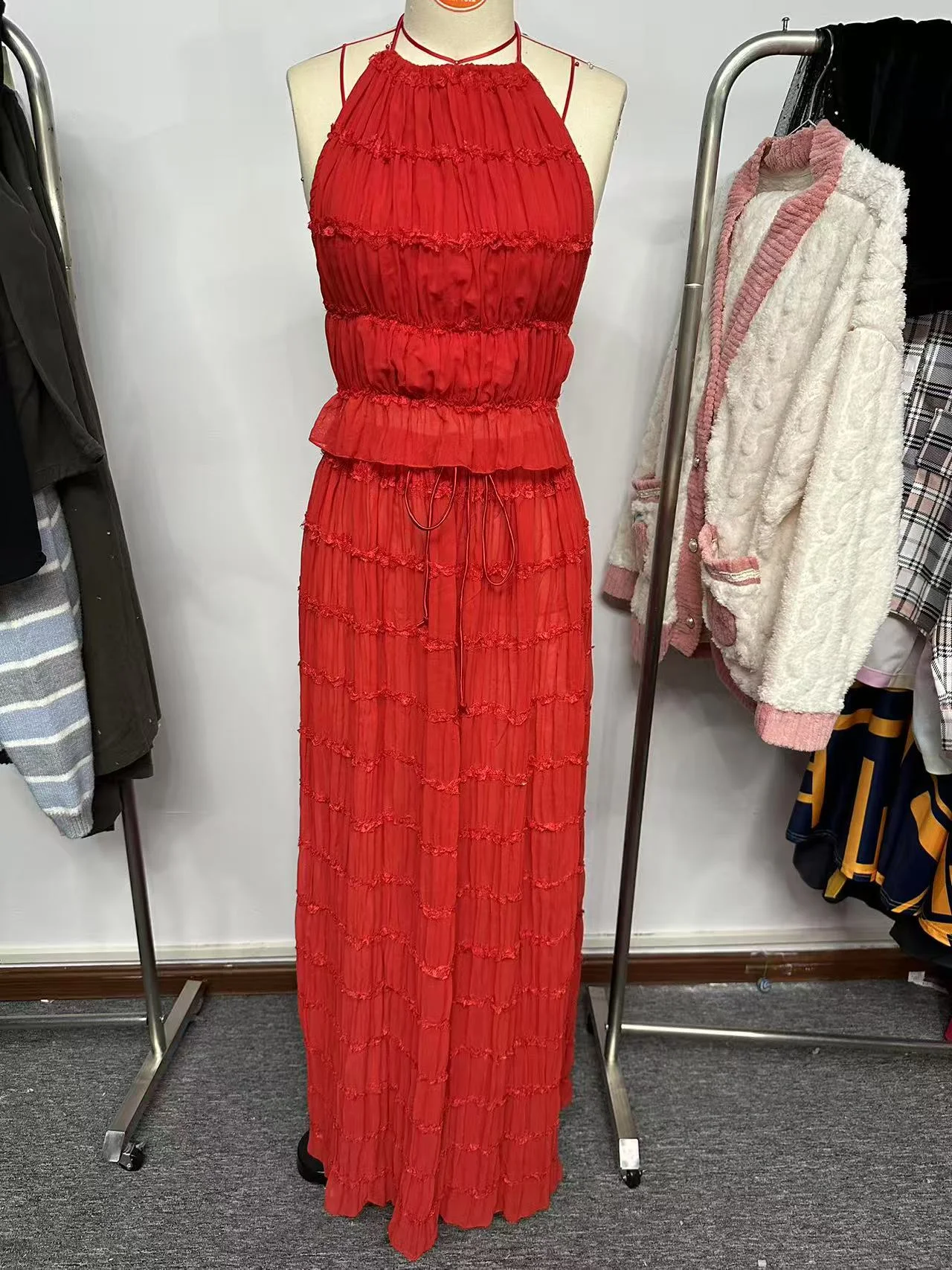 2026 Summer Holiday Outfits Vintage Ruched Halter Cami Tops Maxi Long Skirt Party Women Boho Sexy Backless Matching Suit 2 Piece