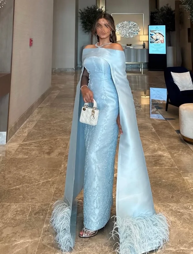 맞춤형 고품질 바닥 길이 끈이 없는 지퍼 스윕 트레인 캡 슬리브 기능 파란색 Gece Elbisesi Düğün ชุดงานพรอม