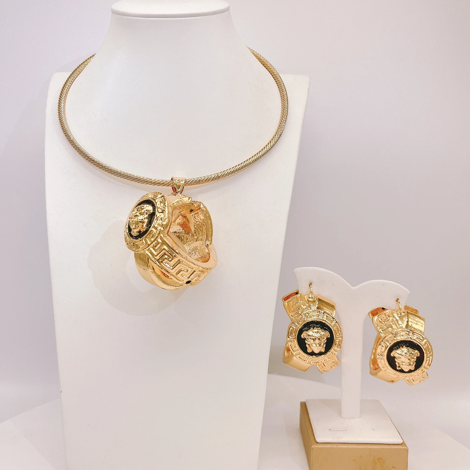 

YulailiBold Gold Jewelry Set Women Vintage Medallion Design Pendant Necklace Hoop Earrings Party Fashion Accessories HK1064