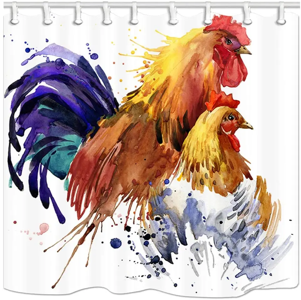 Farm Animal Art Bath Shower Curtain Chicken Rooster Polyester Fabric Bathroom Bath Curtains Liner Set with Hooks Bathtub Hanging