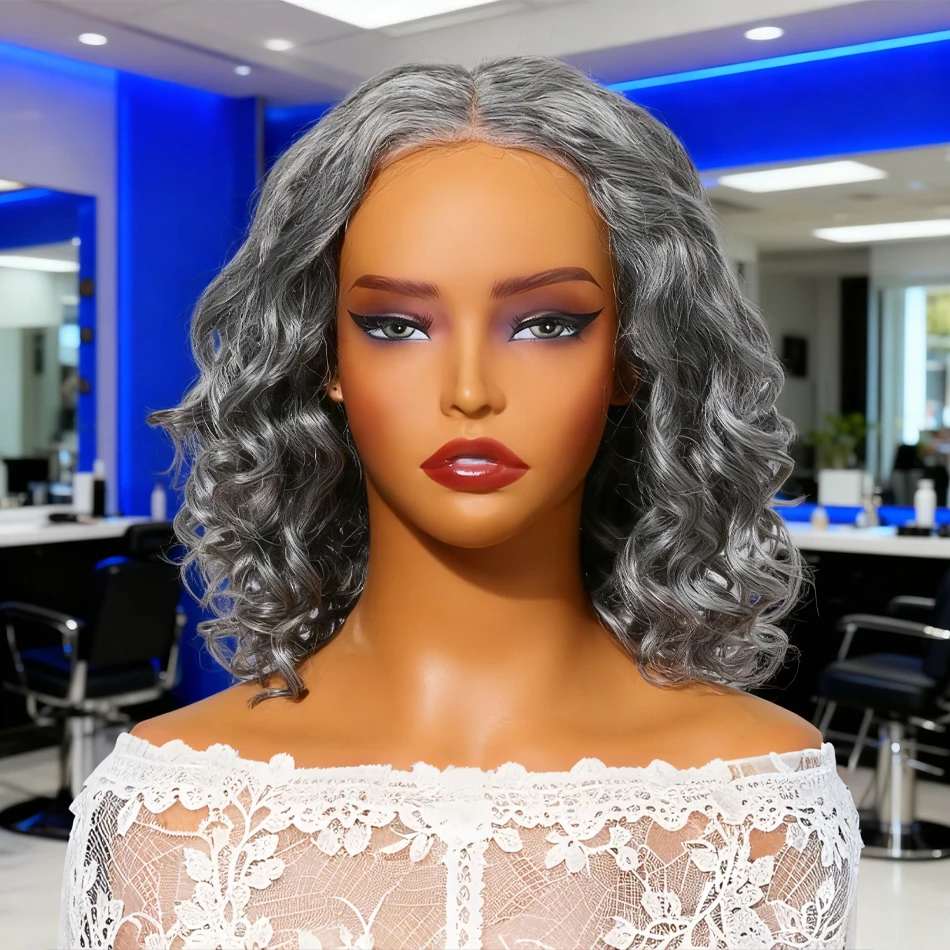 Pelucas rizadas Bob de sal y pimienta, 100% cabello humano, peluca con malla frontal gris, peluca ondulada profunda, pelucas grises de encaje transparente HD de 12 pulgadas para mujer