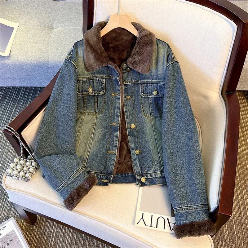 Winter Women Warm Faux Lambswool Liner Denim Jacket Vintage Blue Short Cowboy Outerwear Casual Lapel Long Sleeve Jeans Jackets