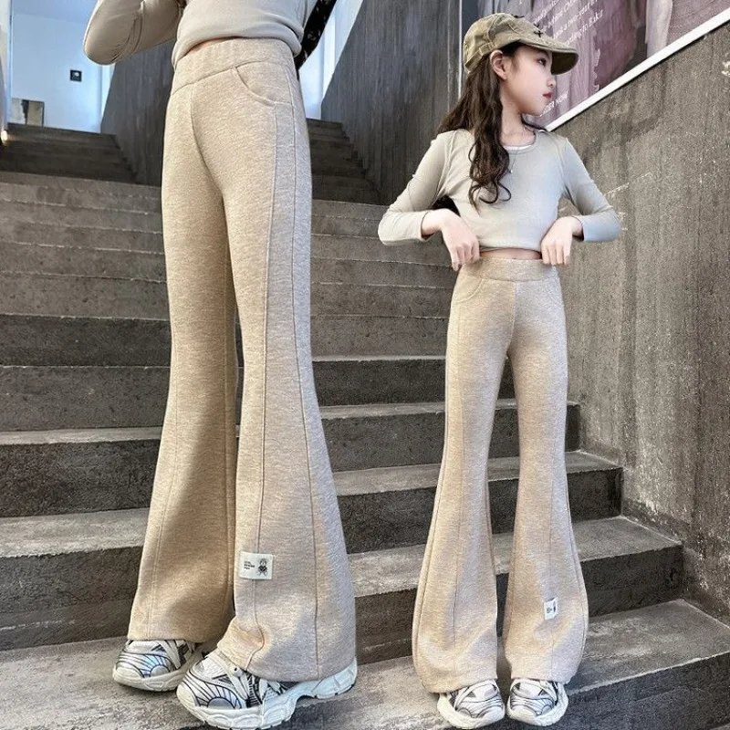 2025 New Autumn Girls' Flared Jeans High Waist Slim Fit Solid Color Stretchy Stylish Casual Pants