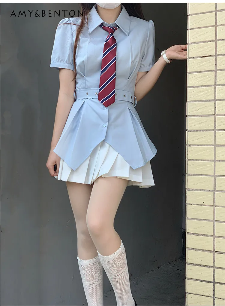 

Summer Japanese Academy Style Blue Waist-controlled Short Sleeve Shirt White Pleated Skirt Burgundy Striped Tie JK Uniform Set