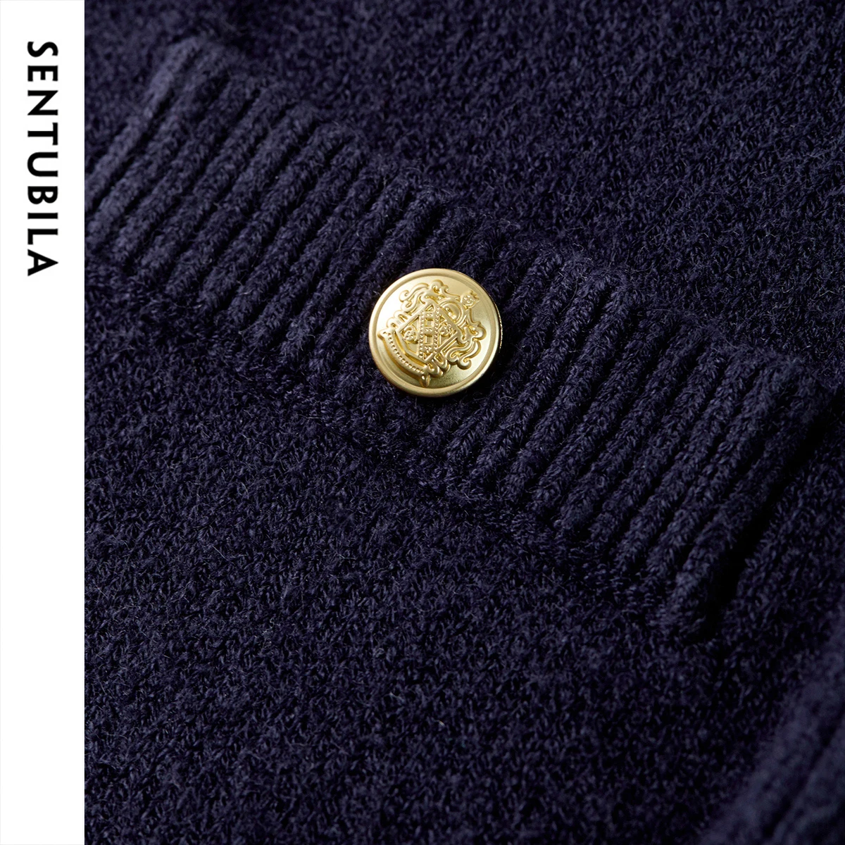 SENTUBILA Navy Blue Cardigan For Women 2025 New Knit Patchwork 2 In 1 Single Button Ruffled Collar Female Jumpers W53H80402