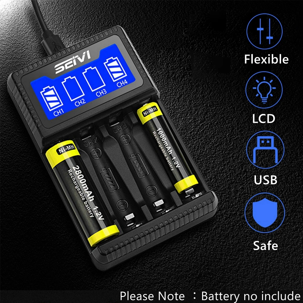 

4-Slot AA AA Battery Charger Black Smart LCD Display Safety Durable 1/2/3/4 Chargers for NiCd NiMh Rechargeable Batteries aa