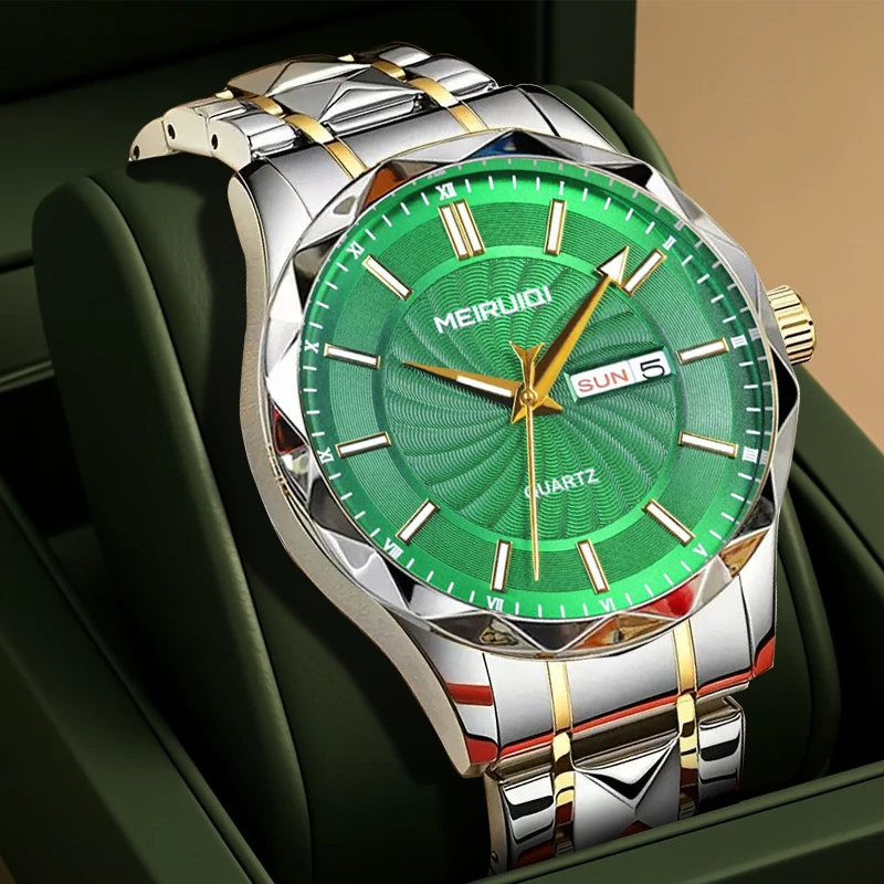 

Мужские золотисто-зеленые часы в спортивном стиле с минималистичным дизайном, спиральными полосками и кварцевым механизмом.