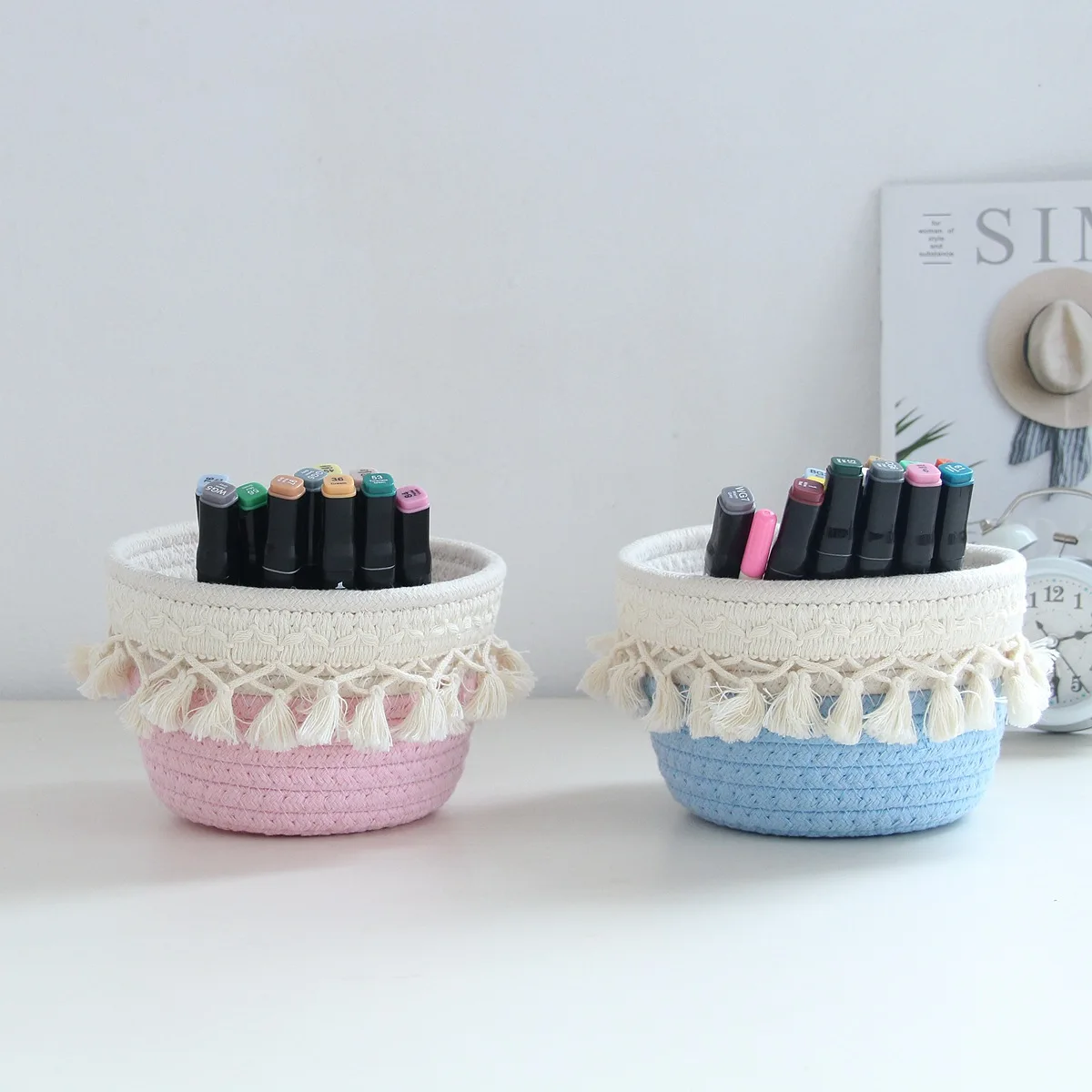 1pcs Minimalist Nordic Cotton Rope Study Pen Storage Box Home Desktop Miscellaneous Storage Basket Desk Office Small Pen Holder