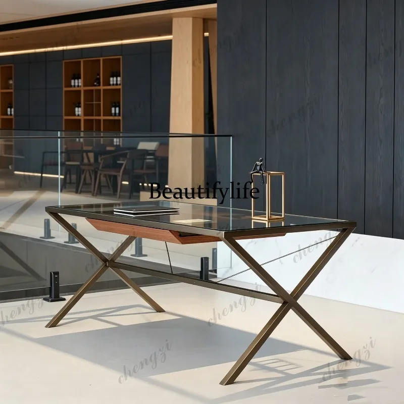 Italian minimalist office desk designer creative metal stainless steel glass desk