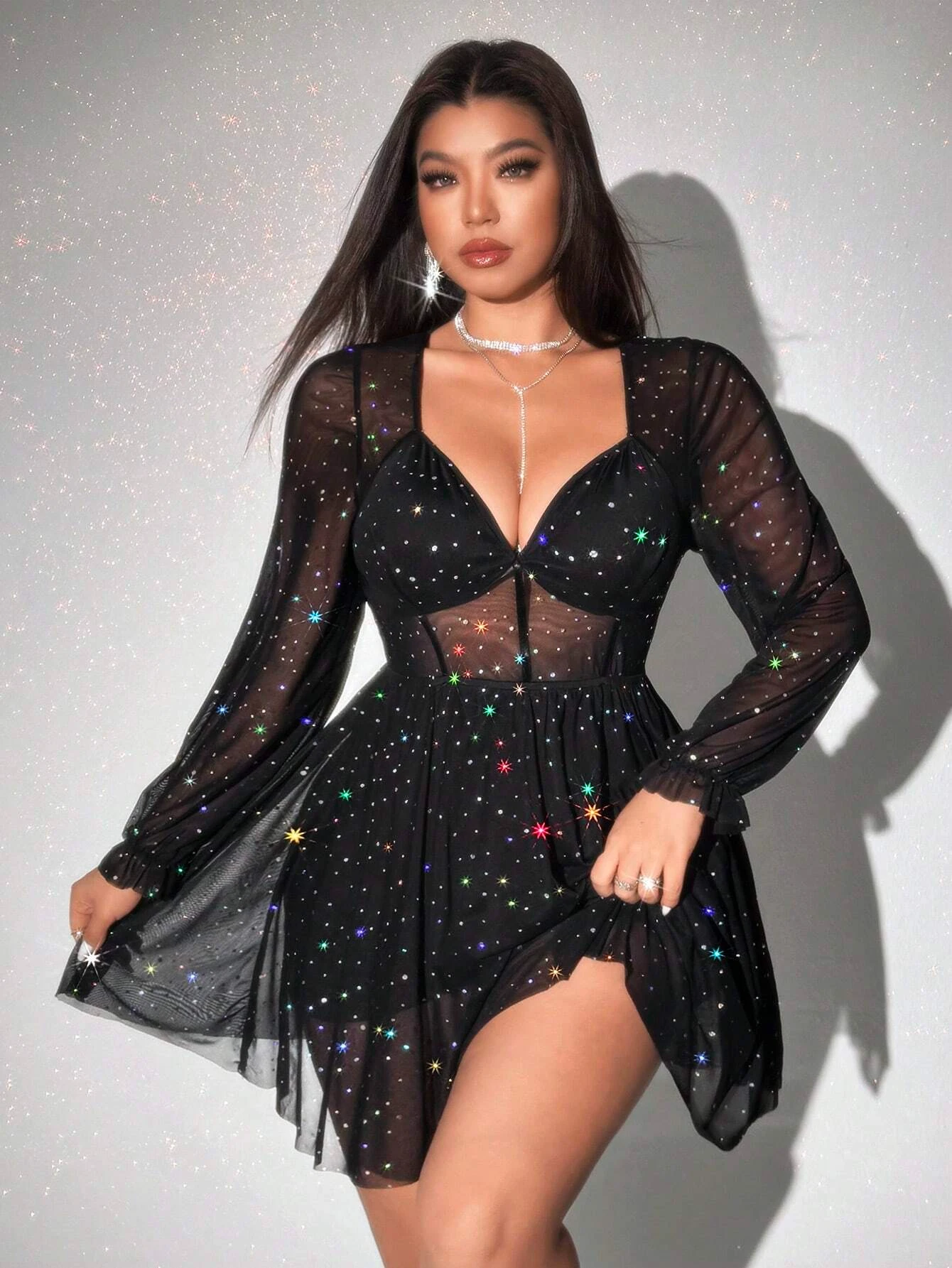 Großes Damen-Partykleid mit V-Ausschnitt und langen Ärmeln, enganliegendes Minikleid, sexy Paillettenkleid für Damen, modisches Paillettenkleid für Partys.