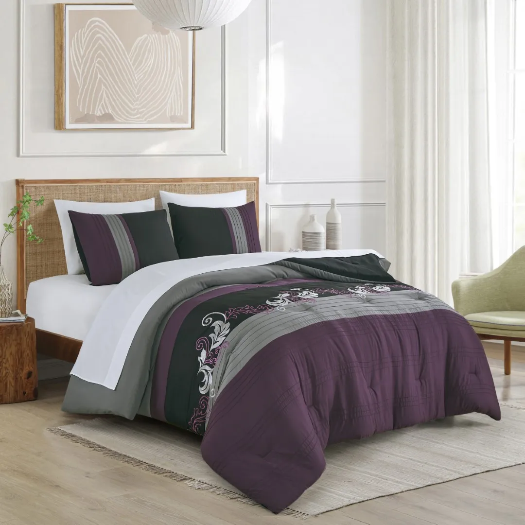 

Alana 7-Piece Floral Embroidered Bed in a Bag Comforter Set Luxury Leaves Pattern Lightweight Bedding with Sheets, California King/King/Queen/Full Size