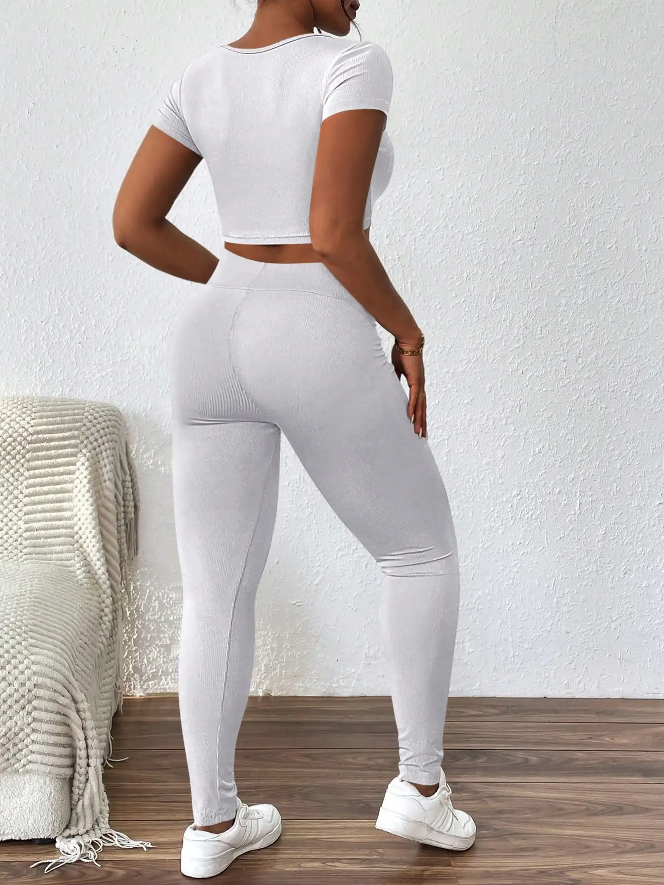 

Women's Solid Color Short Sleeve Top With Notched Collar And Leggings, 2pcs/Set, Summer