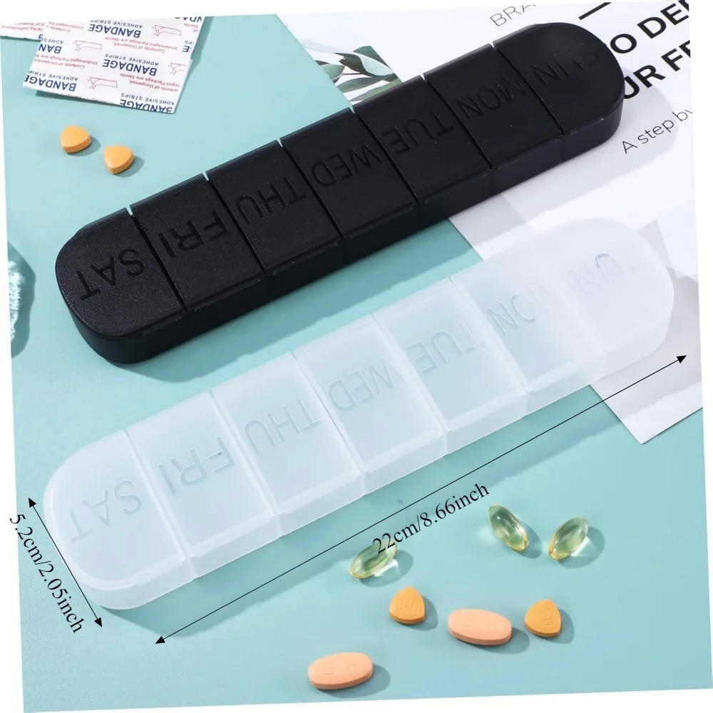 Transparent frosted seven-day compartmentalized medicine box. The week markings are clear and three-dimensional, with a sealed d
