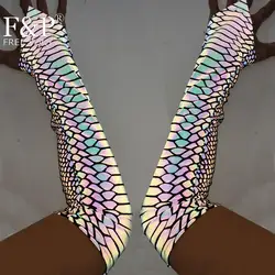 Holographic Rainbow Reflective Snake Print Fingerless Glove Hoop Pole Dance Outfit