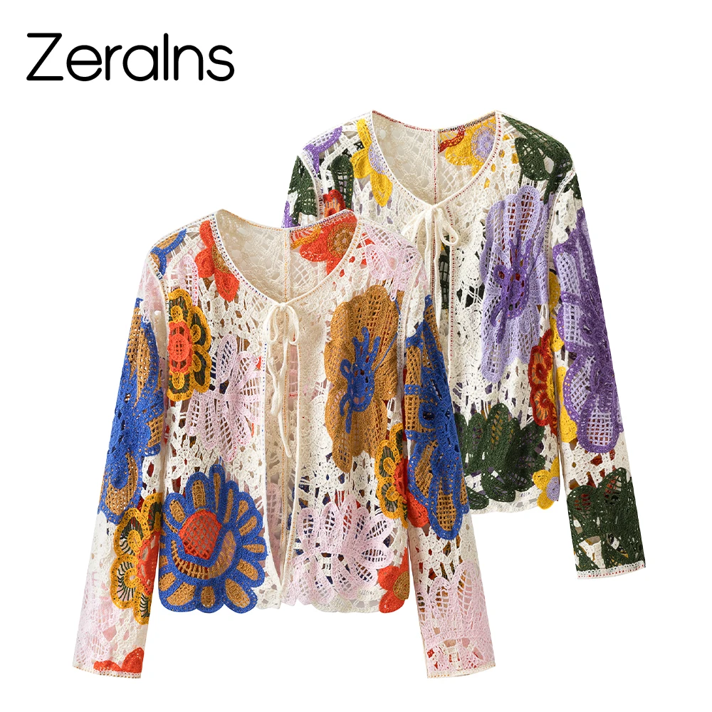 ZERAINS 2026 Autumn New Bohemian Contrasting Flower Hook Flower Hollow Knitted Cardigan Ethnic Style Hoodie