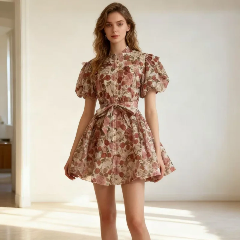 Nouveau Street Sle taille haute ort soie Tfeta Dr avec nœud papillon perceuse embelli imprimé fleuri t-shirt couleur femmes Dr