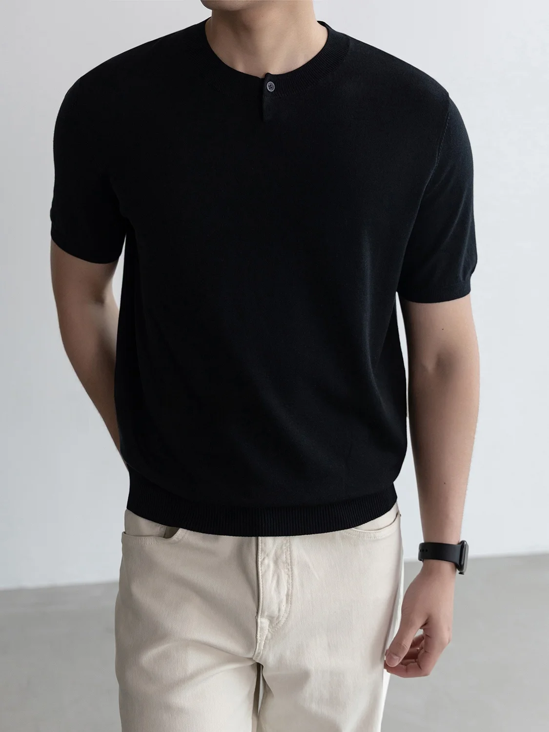 

Men's Casual round Neck Short Sleeve T-Shirt Mixed Fiber One Button Design Breathable Comfortable Cotton Blend Summer Top