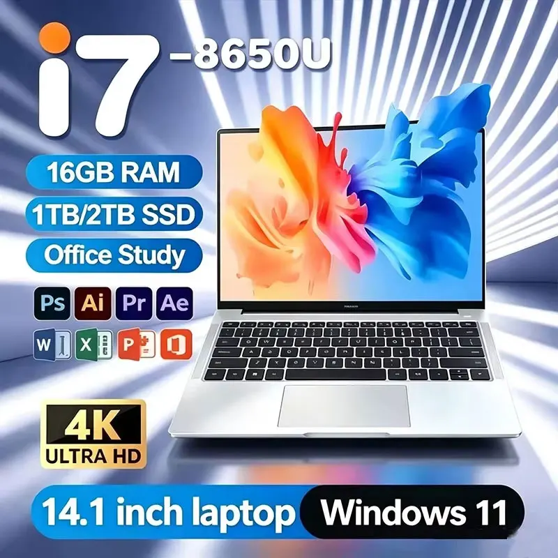 Laptop 14,1 Zoll Windows 11 Pro Intel i7 8650U Notebook PC Gamer 32GB DDR4 1TB 2TB SSD 1920x1080 Büro- und Lerncomputer