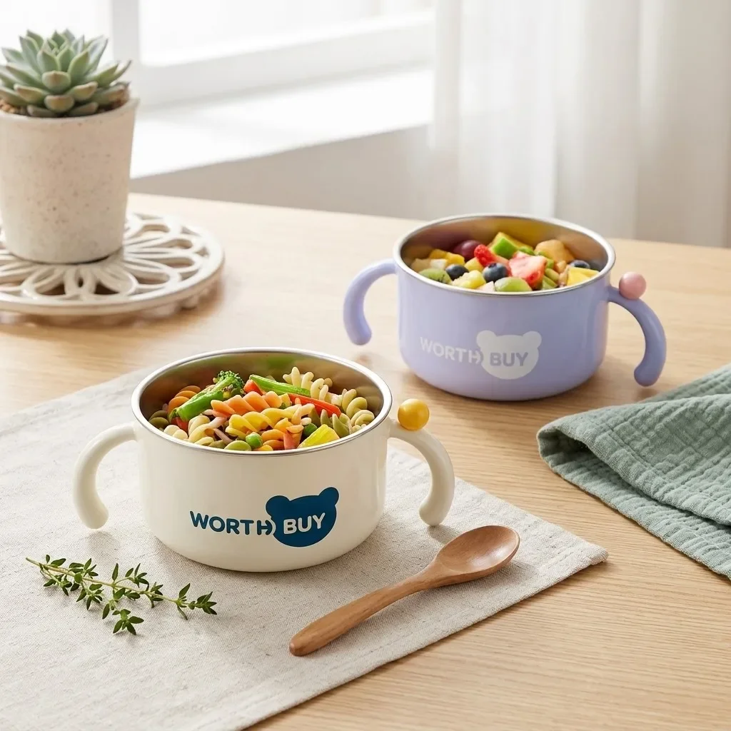 Kids 316 Stainless Steel Bowl Detachable Double Handle Fruit Salad Rice Ramen Dishwasher Safe PP Tableware Pretty Bowls
