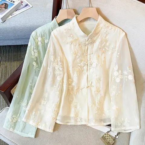 New Chinese Style Shirt 2025Women's Embroidered Blouse Long Sleeve Qipao Shirt Autumn Chic Oriental Vintage Hanfu Top for Ladies