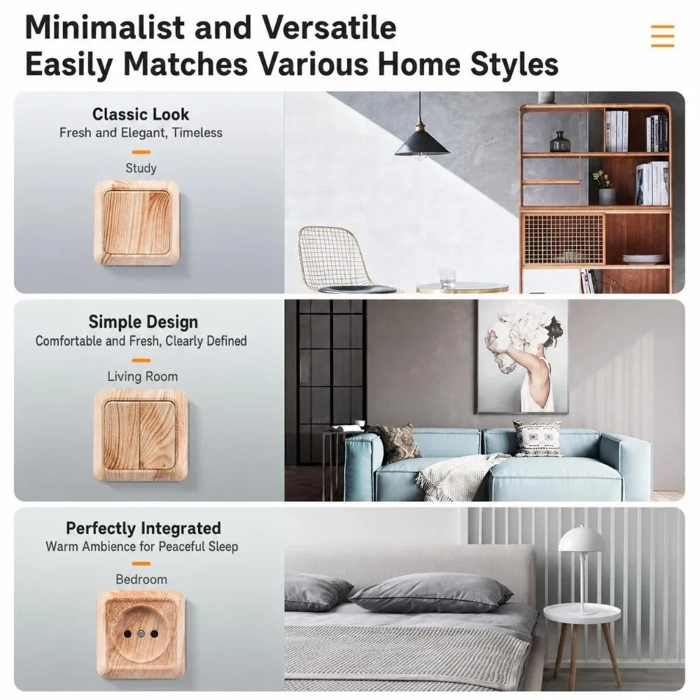 Modern Plastic Wall Switch EU Standard Wood Grain Rocker Light Switch Square Surface Mount Switch Exterior Wall