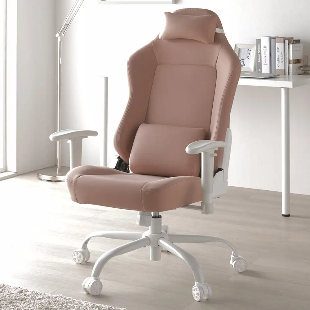

Ergonomic Pink PU Leather Swivel Chair Revolving Office Gaming Mesh Chair with Embroidered Logo High Level Reclining Comfort