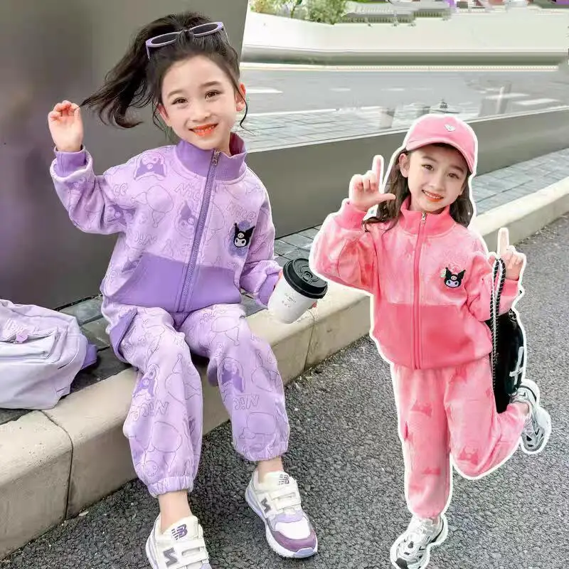 

Hot Sanrio Girl Sportswear Kuromi Kawaii Anime Fashion Autumn Child Casual Tops Long Pants Children's Clothing 2-Piece Set New