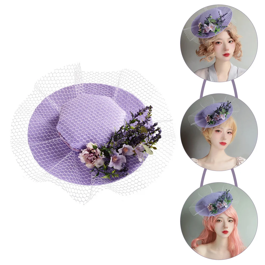 

Women Flat Top Hat Felt Woolen Banquet Flower Decor Wedding Bride Party Hat Unique Headwear Women Headdress