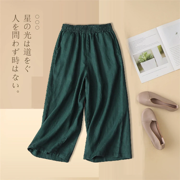 Toko resmi celana panjang betis Linen warna Solid celana sedang celana Baggy Capris wanita modis