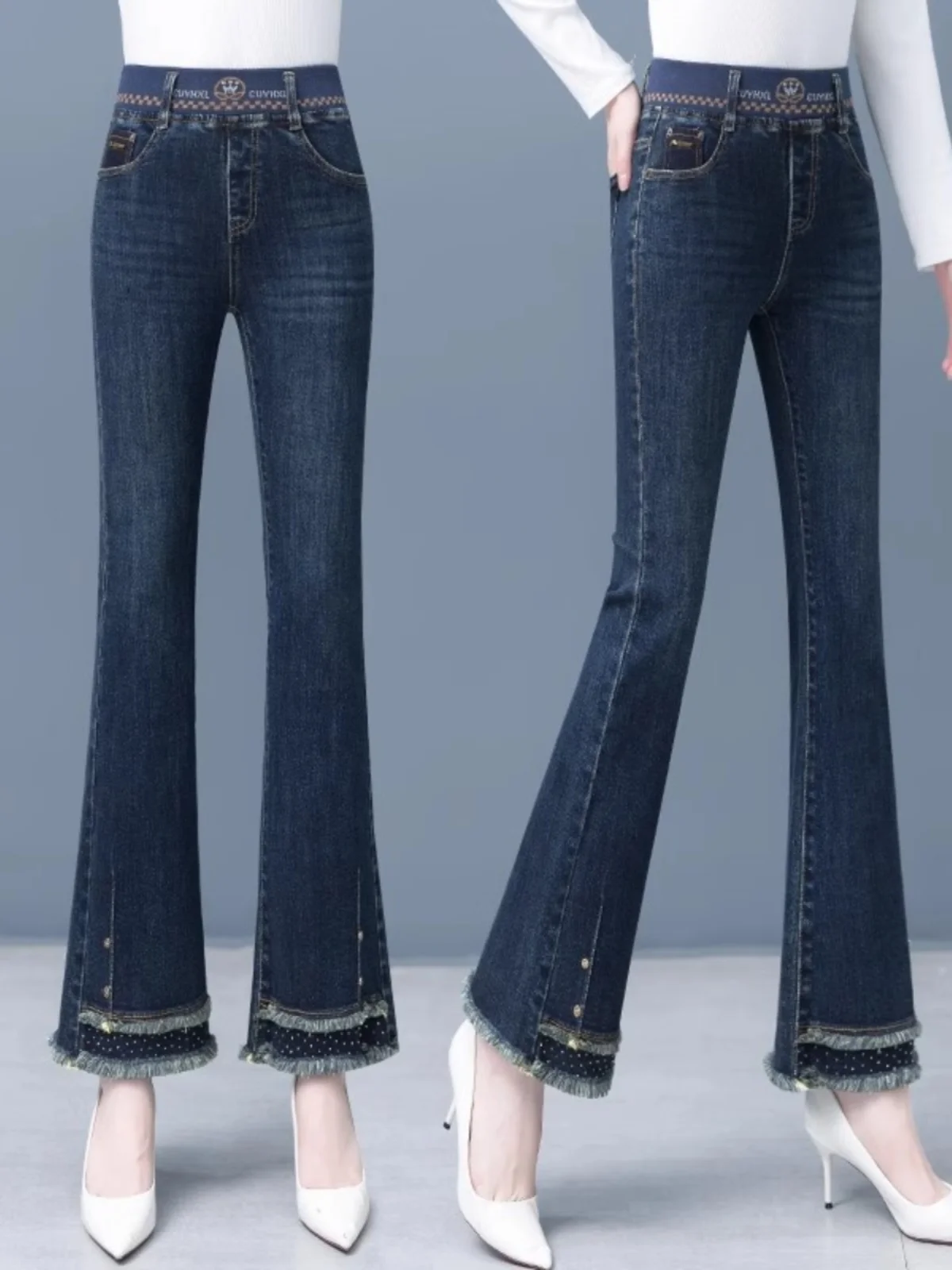

Модные женские джинсы-клеш с высокой талией, эластичные, облегающие, длинные брюки, весна-осень, новинка, синий деним