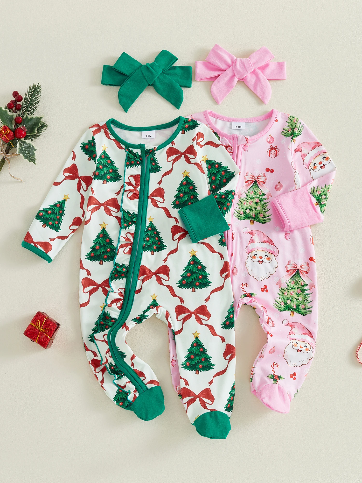 Long Romper Santa Print Sleeve Jumpsuit With Headband Girl Christmas Romper Santa Print Jumpsuit High Quality