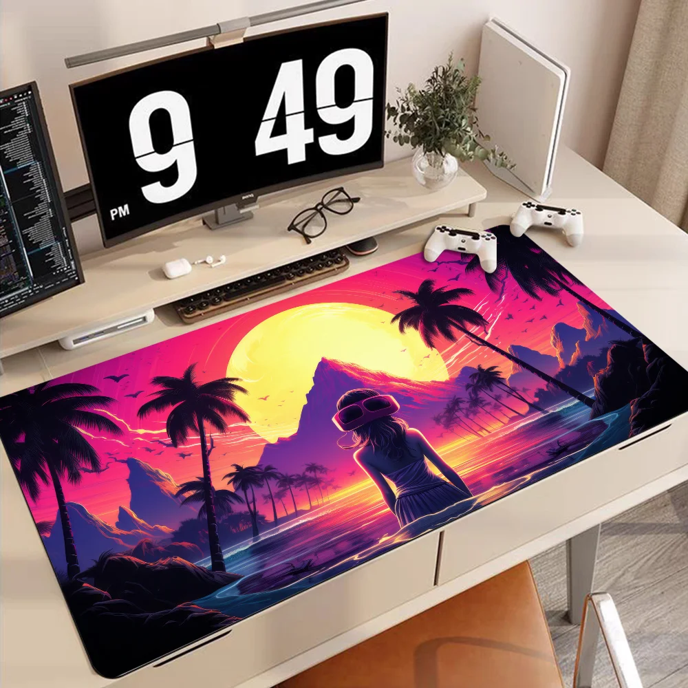 Retro Neon Beach Sunset Mousepad 90x40cm Duża podkładka pod klawiaturę Mata stołowa Studenci Gamer Podkładka pod mysz na biurko Podkładka pod mysz