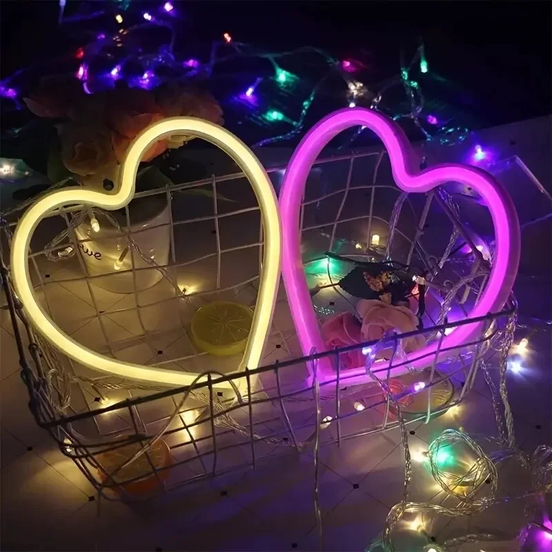 Lampu Neon Led, cahaya suasana USB merah muda bentuk hati dipasang di dinding untuk Hari Valentine Bar kamar tidur ruang tamu