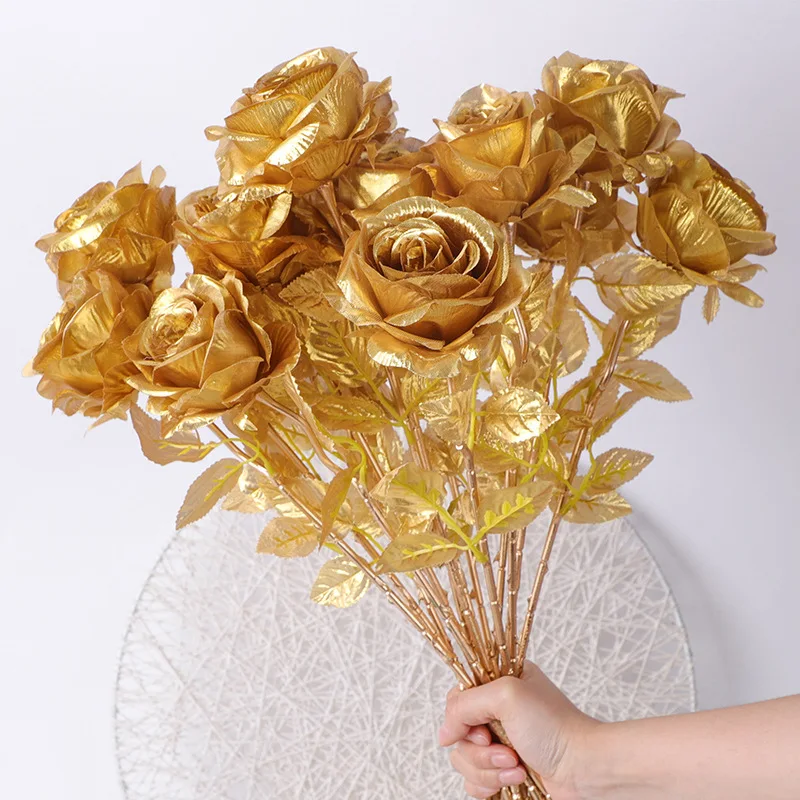 6 Pcs-Artificial Gold Rose Scene decoration Party Wedding Roadside Flower Arrangement Home Decoration Birthday Party Decor